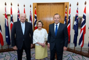 Their Majesties King Harald V and Queen Sonja of Norway with Prime Minister Tony Abbott at Parliament House